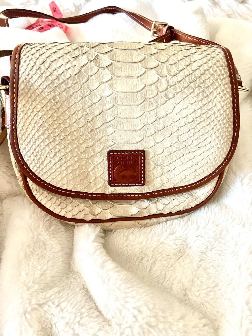 Dooney Crossbody Saddle Bag Vintage Embossed Cream/Bone white w/Brown Trim - Picture 1 of 16